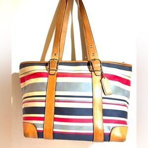 Coach Striped canvas/Leather Tote Bag